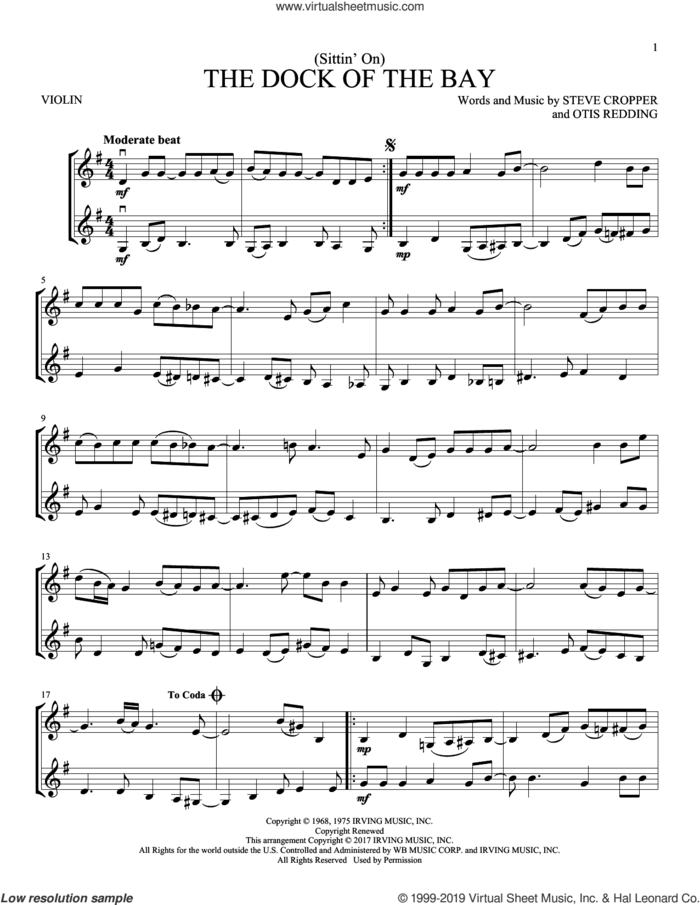 (Sittin' On) The Dock Of The Bay sheet music for two violins (duets, violin duets) by Otis Redding and Steve Cropper, intermediate skill level