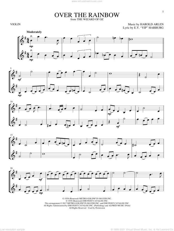 Arlen Over The Rainbow sheet music for two violins (duets, violin duets)