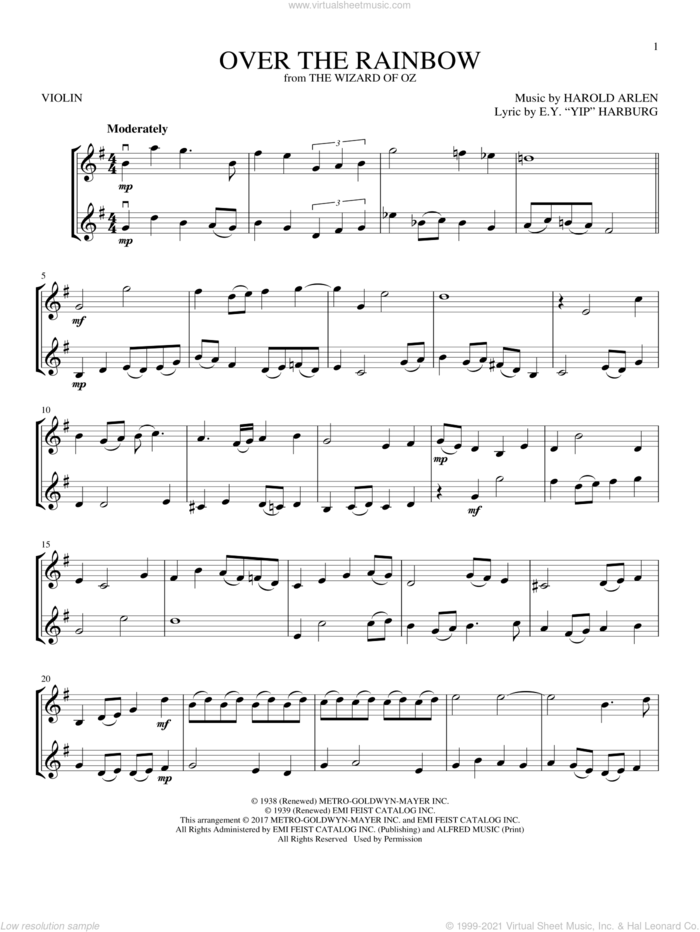 Over The Rainbow sheet music for two violins (duets, violin duets) by Harold Arlen and E.Y. Harburg, intermediate skill level