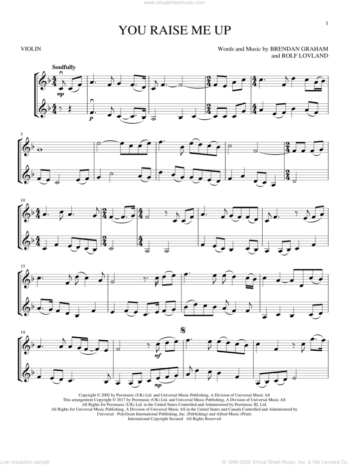 You Raise Me Up sheet music for two violins (duets, violin duets) by Josh Groban, Brendan Graham and Rolf Lovland, wedding score, intermediate skill level