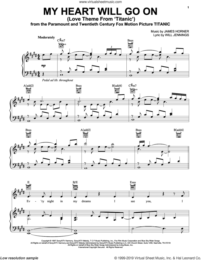 My Heart Will Go On (Love Theme From 'Titanic') sheet music for voice, piano or guitar by Celine Dion, James Horner and Will Jennings, wedding score, intermediate skill level