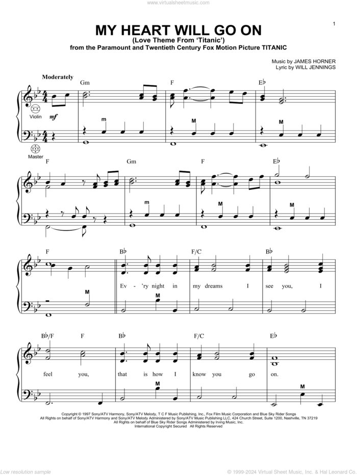 My Heart Will Go On (Love Theme From 'Titanic') sheet music for accordion by Celine Dion, Gary Meisner, James Horner and Will Jennings, wedding score, intermediate skill level