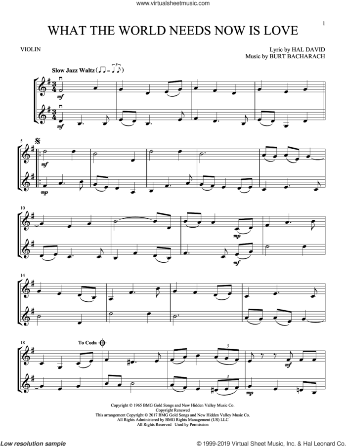 What The World Needs Now Is Love sheet music for two violins (duets, violin duets) by Bacharach & David, Burt Bacharach and Hal David, intermediate skill level