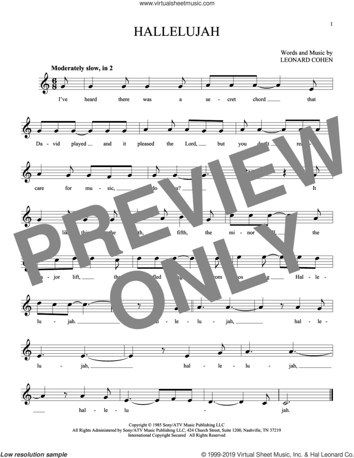 Hallelujah sheet music for ocarina solo by Leonard Cohen, intermediate skill level