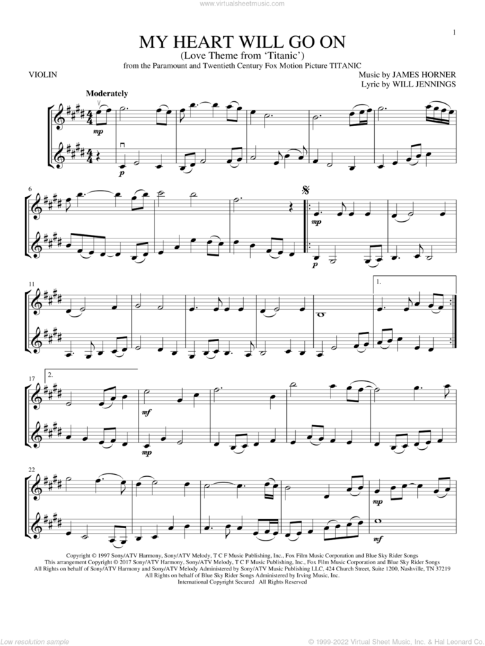 My Heart Will Go On (Love Theme From 'Titanic') sheet music for two violins (duets, violin duets) by Celine Dion, James Horner and Will Jennings, wedding score, intermediate skill level