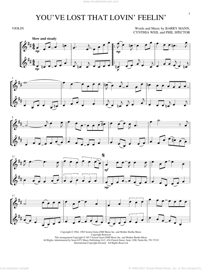You've Lost That Lovin' Feelin' sheet music for two violins (duets, violin duets) by The Righteous Brothers, Barry Mann, Cynthia Weil and Phil Spector, intermediate skill level