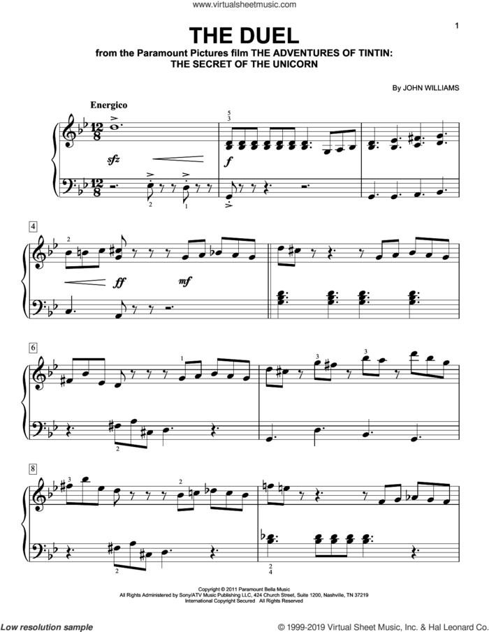 The Duel (from The Adventures Of Tintin) sheet music for piano solo by John Williams, easy skill level