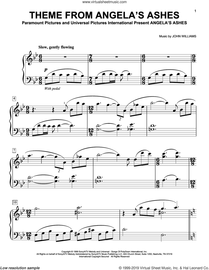 Theme From Angela's Ashes sheet music for piano solo by John Williams, easy skill level