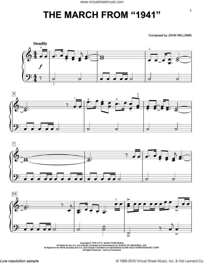 March (from 1941), (easy) sheet music for piano solo by John Williams, easy skill level