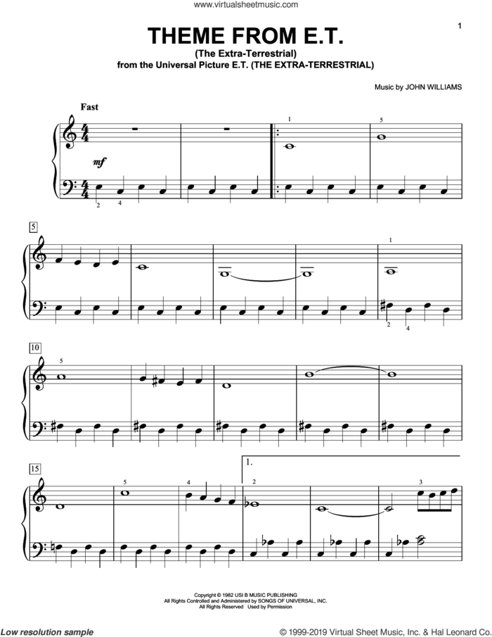 Theme From E.T. (The Extra-Terrestrial), (easy) sheet music for piano solo by John Williams, easy skill level