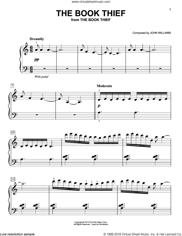 The Book Thief, (easy) sheet music for piano solo by John Williams, easy skill level