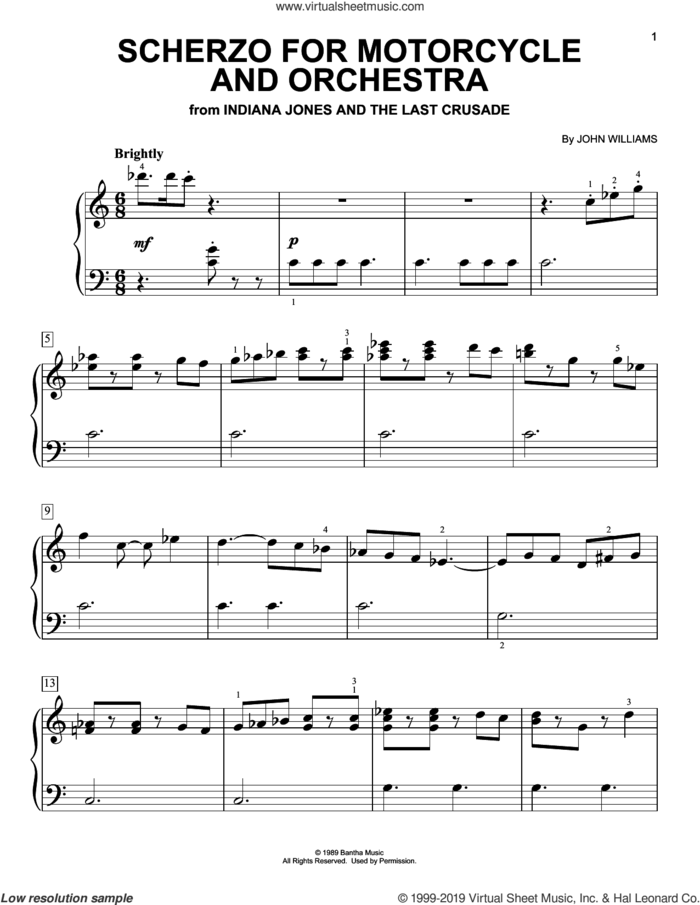 Scherzo For Motorcycle And Orchestra (from Indiana Jones) sheet music for piano solo by John Williams, easy skill level