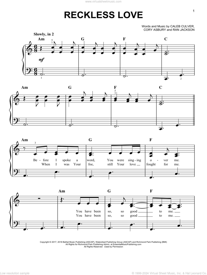 Reckless Love, (easy) sheet music for piano solo by Cory Asbury, Bethel Music, Caleb Culver and Ran Jackson, easy skill level