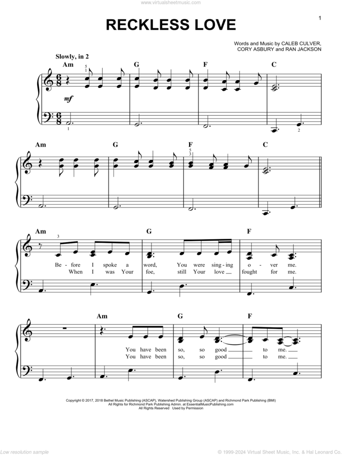 Reckless Love, (easy) sheet music for piano solo by Cory Asbury, Bethel Music, Caleb Culver and Ran Jackson, easy skill level