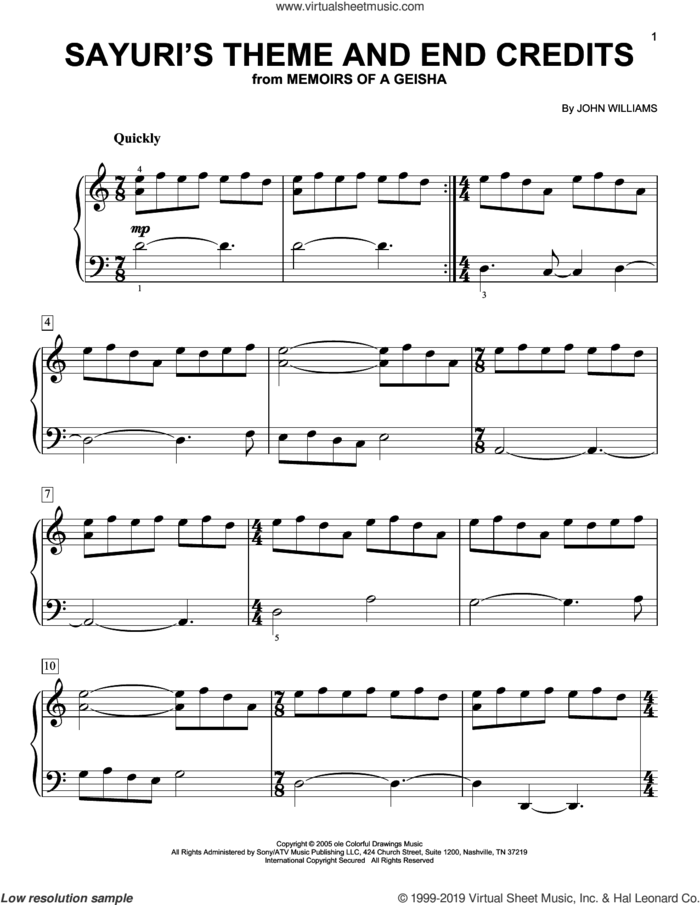 Sayuri's Theme And End Credits (from Memoirs Of A Geisha) sheet music for piano solo by John Williams, easy skill level