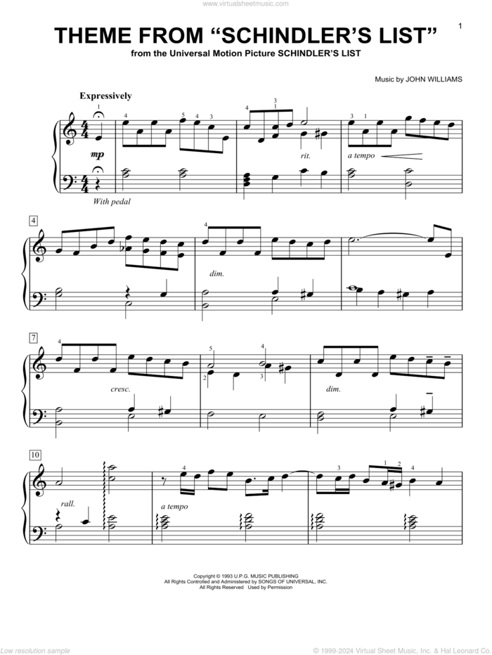 Theme From Schindler's List sheet music for piano solo by John Williams, easy skill level