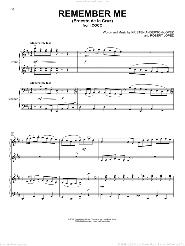 Remember Me (Ernesto de la Cruz) (from Coco) sheet music for piano four hands by Kristen Anderson-Lopez & Robert Lopez, Kristen Anderson-Lopez and Robert Lopez, intermediate skill level