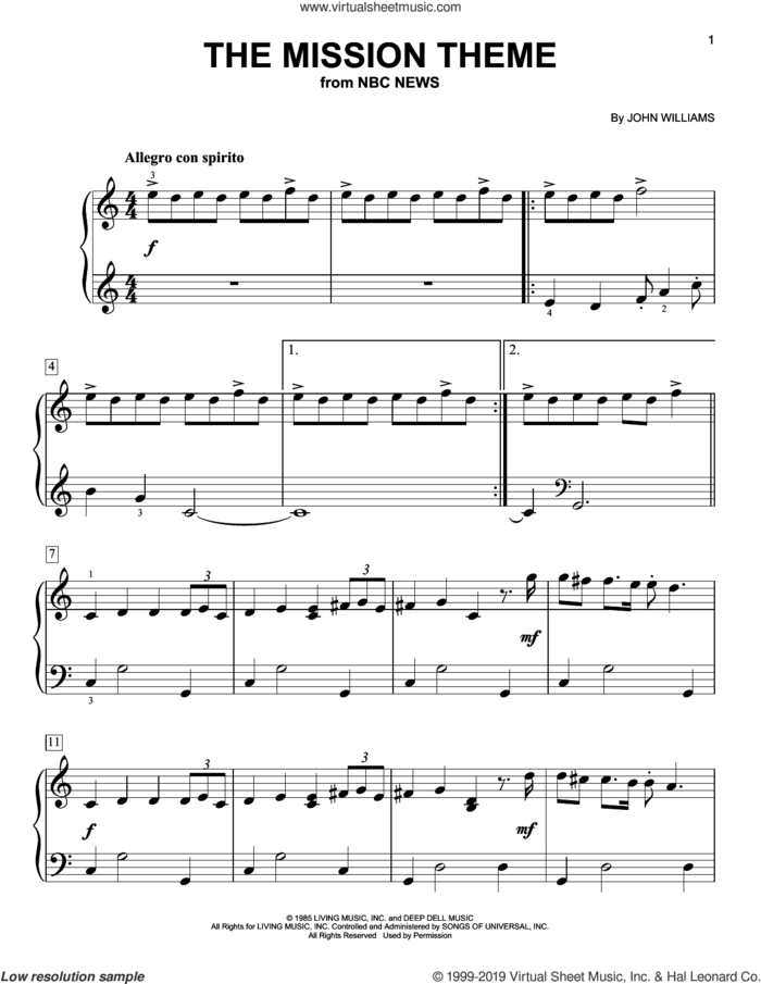 The Mission Theme sheet music for piano solo by John Williams, easy skill level