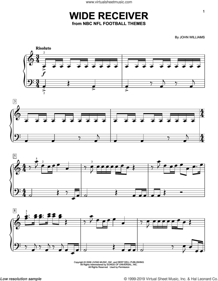 Wide Receiver, (easy) sheet music for piano solo by John Williams, easy skill level