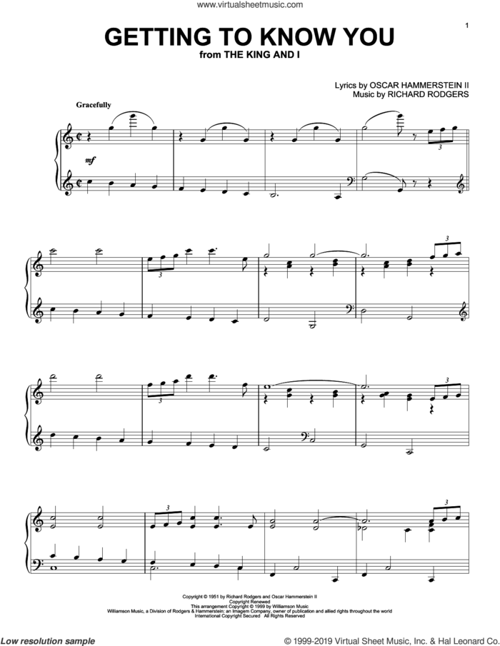 Getting To Know You sheet music for piano solo by Rodgers & Hammerstein, Oscar II Hammerstein and Richard Rodgers, intermediate skill level