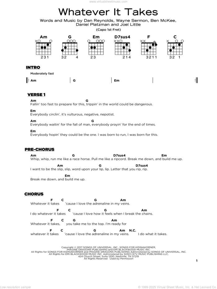 Whatever It Takes sheet music for guitar solo by Imagine Dragons, Ben McKee, Dan Reynolds, Daniel Platzman, Joel Little and Wayne Sermon, beginner skill level