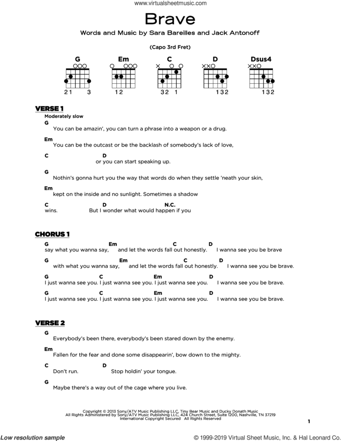 Brave sheet music for guitar solo by Sara Bareilles and Jack Antonoff, beginner skill level