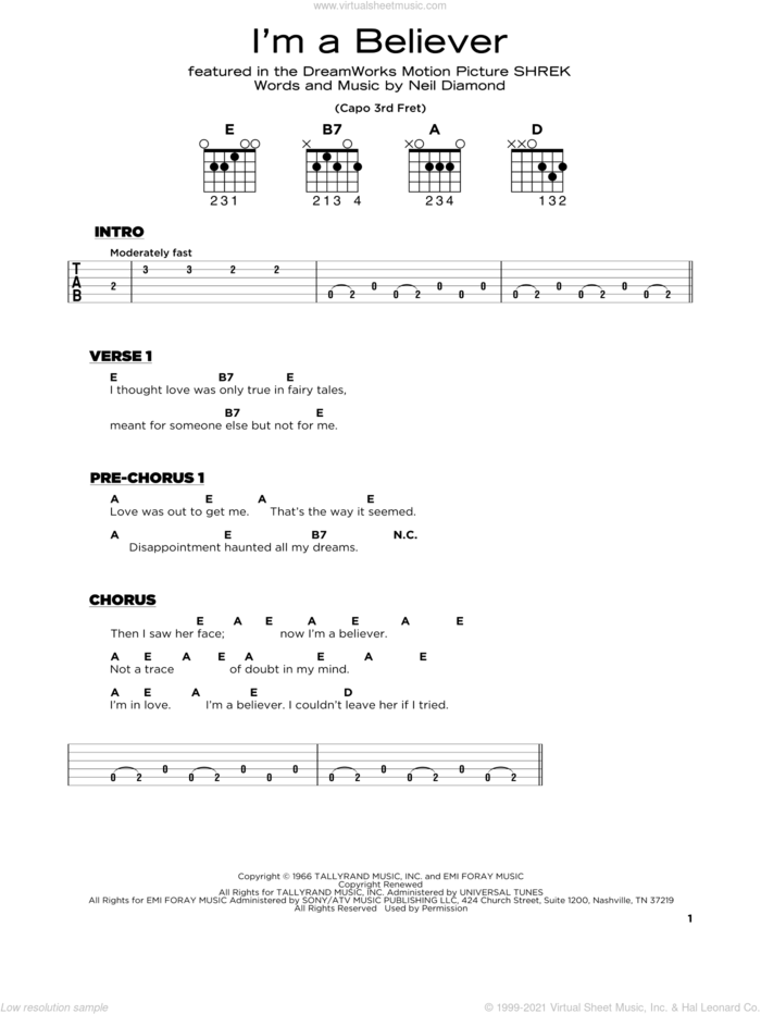 I'm A Believer sheet music for guitar solo by The Monkees, Smash Mouth and Neil Diamond, beginner skill level