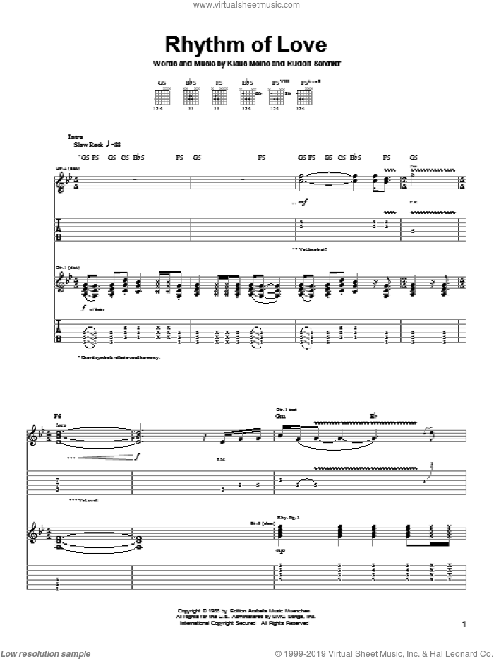Rhythm Of Love sheet music for guitar (tablature) by Scorpions, Klaus Meine and Rudolf Schenker, intermediate skill level