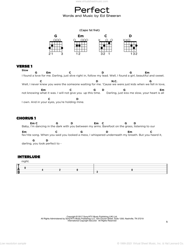 Perfect, (beginner) sheet music for guitar solo by Ed Sheeran, beginner skill level