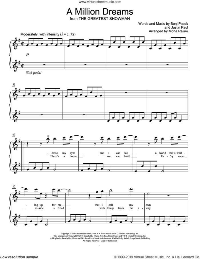 A Million Dreams (from The Greatest Showman) (arr. Mona Rejino) sheet music for piano solo (elementary) by Pasek & Paul, Mona Rejino, Benj Pasek and Justin Paul, beginner piano (elementary)
