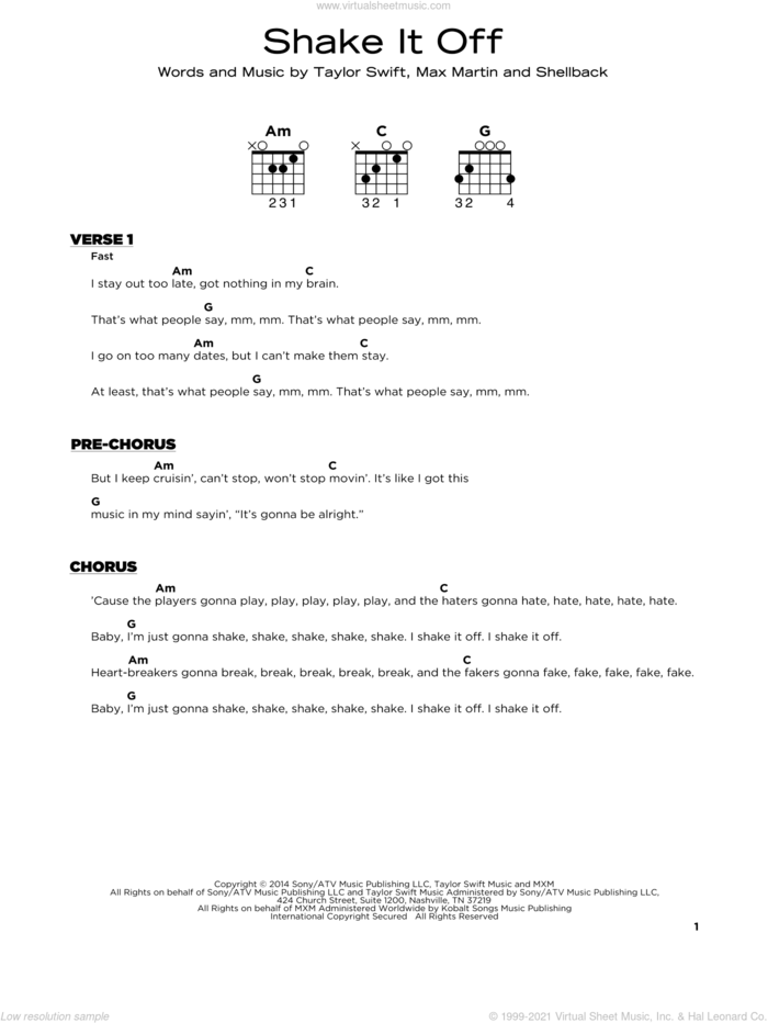 Shake It Off sheet music for guitar solo by Taylor Swift, Johan Schuster, Max Martin and Shellback, beginner skill level