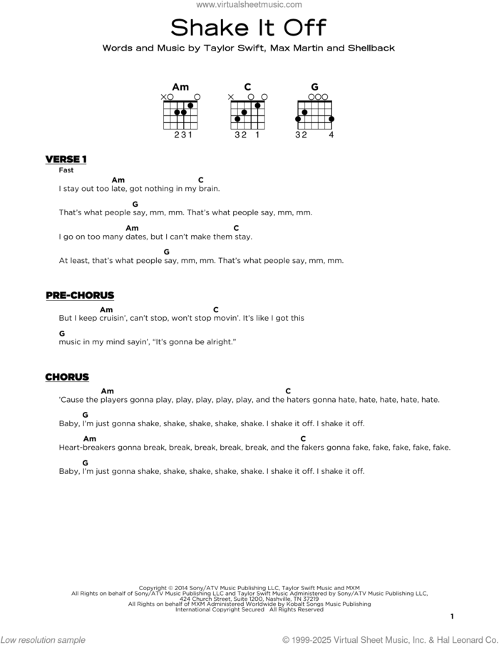 Shake It Off sheet music for guitar solo by Taylor Swift, Johan Schuster, Max Martin and Shellback, beginner skill level