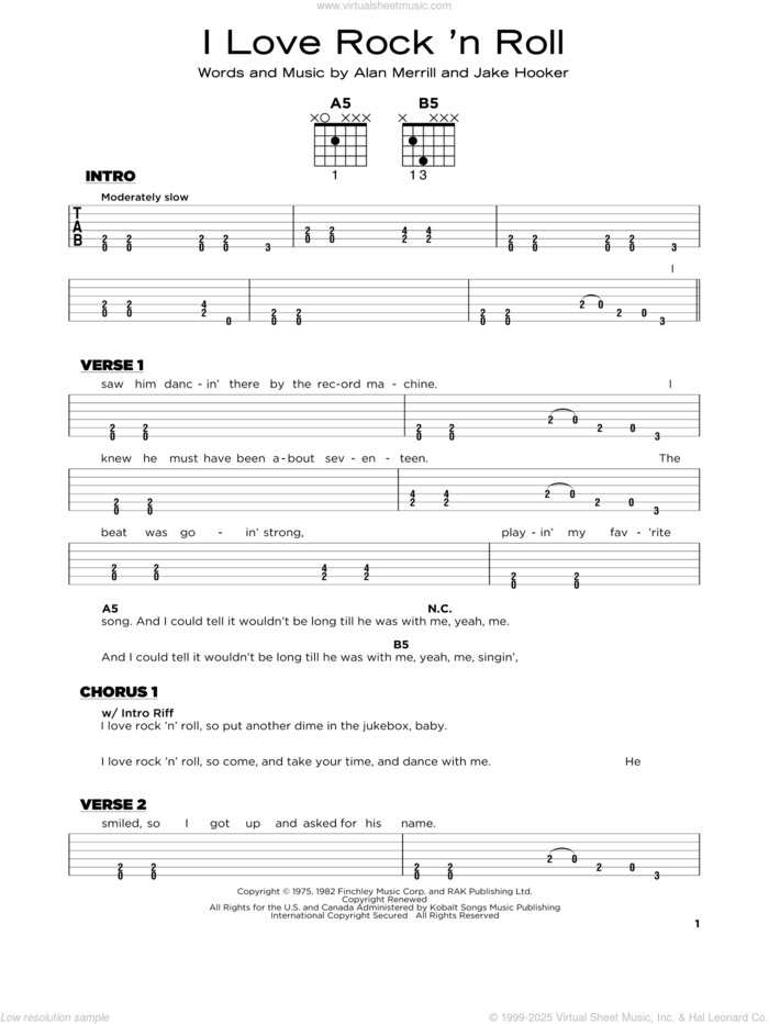 I Love Rock 'N Roll sheet music for guitar solo by Joan Jett & The Blackhearts, Alan Merrill and Jake Hooker, beginner skill level