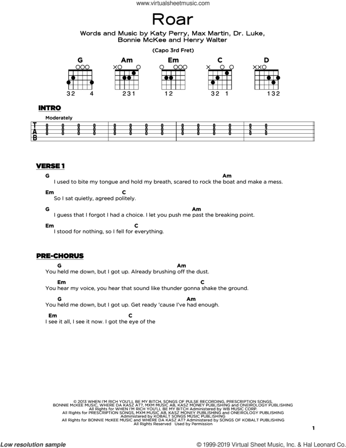 Roar sheet music for guitar solo by Katy Perry, Bonnie McKee, Dr. Luke, Henry Walter, Lukasz Gottwald and Max Martin, beginner skill level