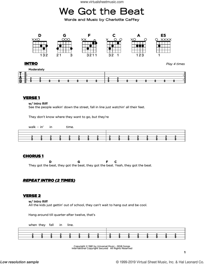 We Got The Beat sheet music for guitar solo by The Go Go's and Charlotte Caffey, beginner skill level