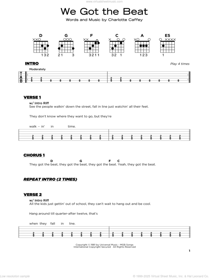 We Got The Beat sheet music for guitar solo by The Go Go's and Charlotte Caffey, beginner skill level