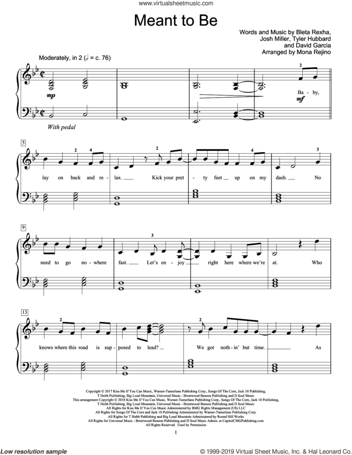 Meant To Be (feat. Florida Georgia Line) (arr. Mona Rejino) sheet music for piano solo (elementary) by Bebe Rexha, Mona Rejino, Bebe Rexha feat. Florida Georgia Line, Bleta Rexha, David Garcia, Josh Miller and Tyler Hubbard, beginner piano (elementary)