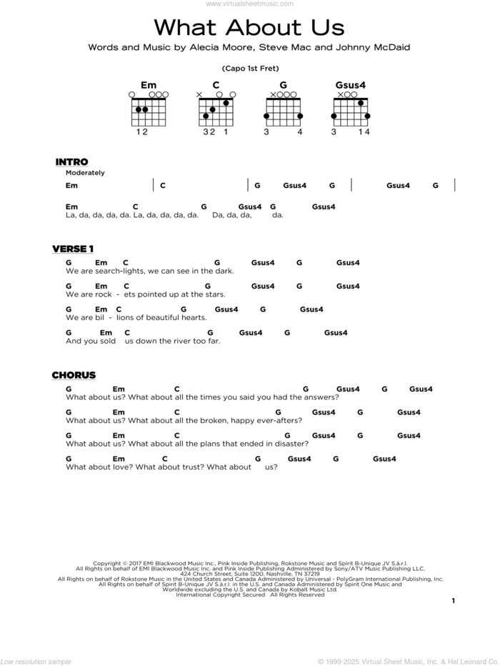 What About Us sheet music for guitar solo by Steve Mac, Miscellaneous, P!nk, Alecia Moore and Johnny McDaid, beginner skill level