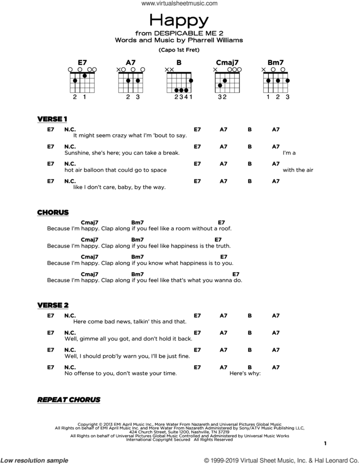 Happy sheet music for guitar solo by Pharrell Williams and Pharrell, beginner skill level