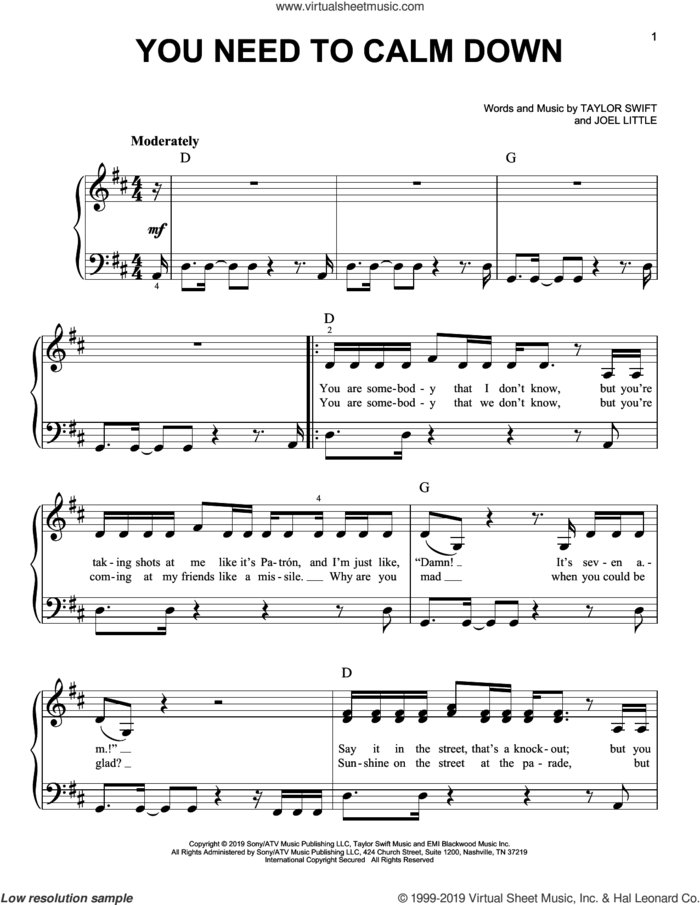 You Need To Calm Down, (easy) sheet music for piano solo by Taylor Swift and Joel Little, easy skill level