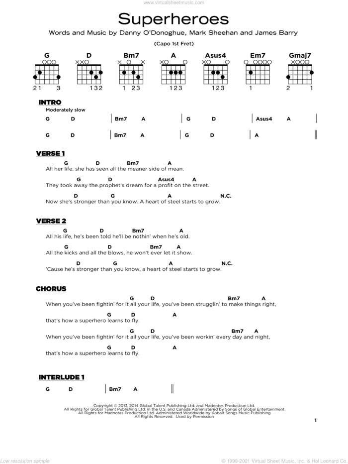 Superheroes sheet music for guitar solo by The Script, James Barry and Mark Sheehan, beginner skill level