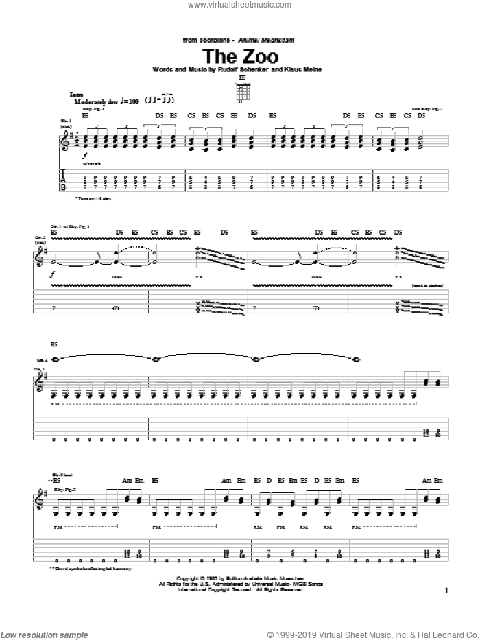 The Zoo sheet music for guitar (tablature) by Scorpions, Klaus Meine and Rudolf Schenker, intermediate skill level