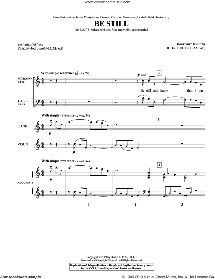 Be Still (COMPLETE) sheet music for orchestra/band by John Purifoy, Micah 6:8 and Psalm 46:10, intermediate skill level