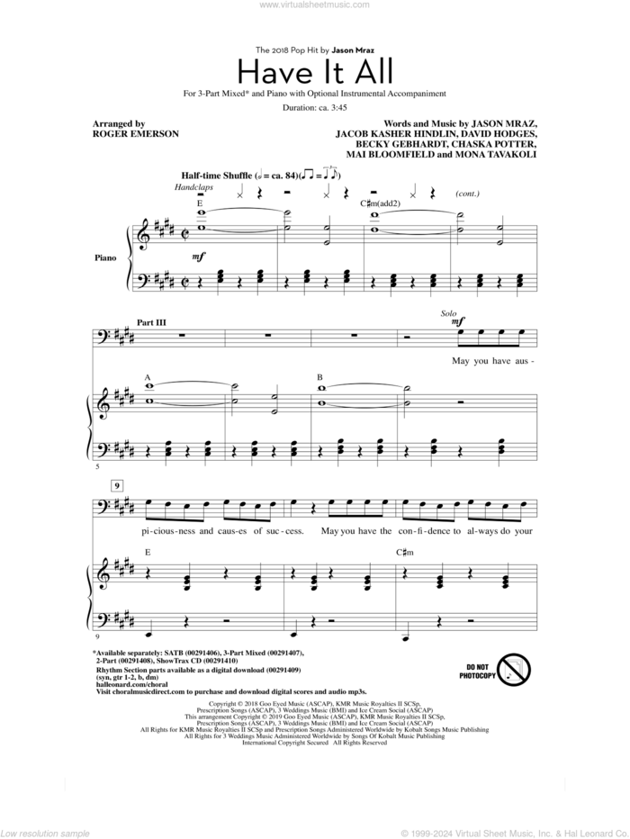 Have It All (arr. Roger Emerson) sheet music for choir (3-Part Mixed) by Jason Mraz, Roger Emerson, Becky Gebhardt, Chaska Potter, David Hodges, Jacob Kasher Hindlin, Mai Bloomfield and Mona Tavakoli, intermediate skill level