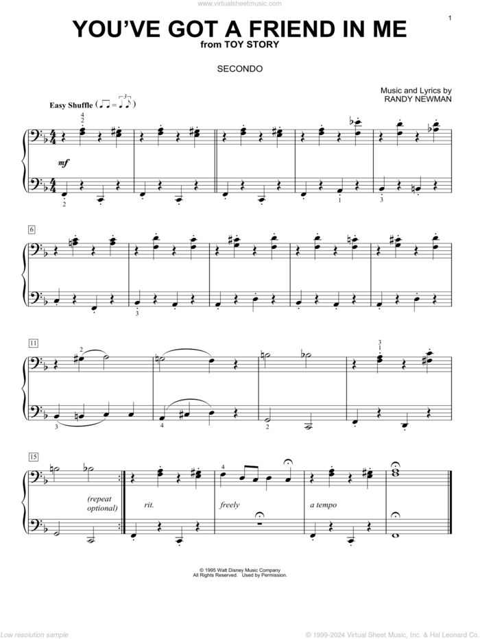 You've Got A Friend In Me (from Toy Story) sheet music for piano four hands by Randy Newman, intermediate skill level