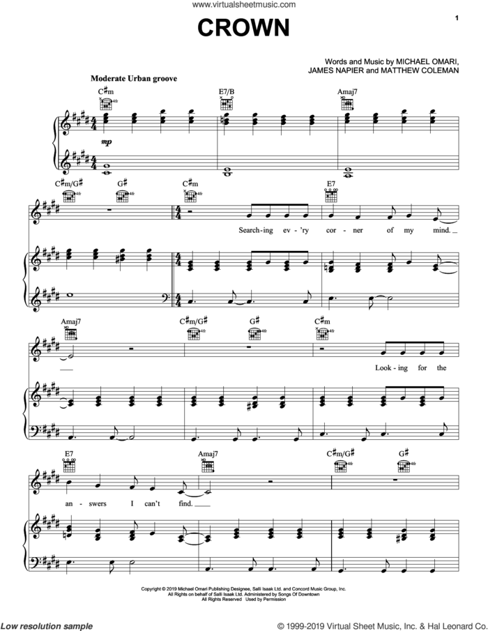 Crown sheet music for voice, piano or guitar by Stormzy, James Napier, Matthew Coleman and Michael Omari, intermediate skill level