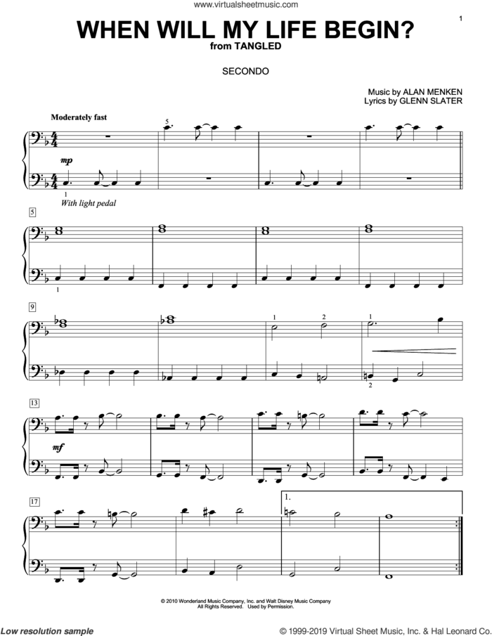 When Will My Life Begin? (from Tangled) sheet music for piano four hands by Mandy Moore, Alan Menken and Glenn Slater, intermediate skill level
