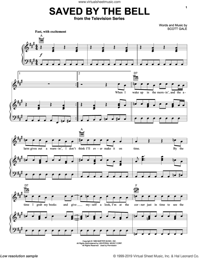 Saved By The Bell sheet music for voice, piano or guitar by Scott Gale, intermediate skill level
