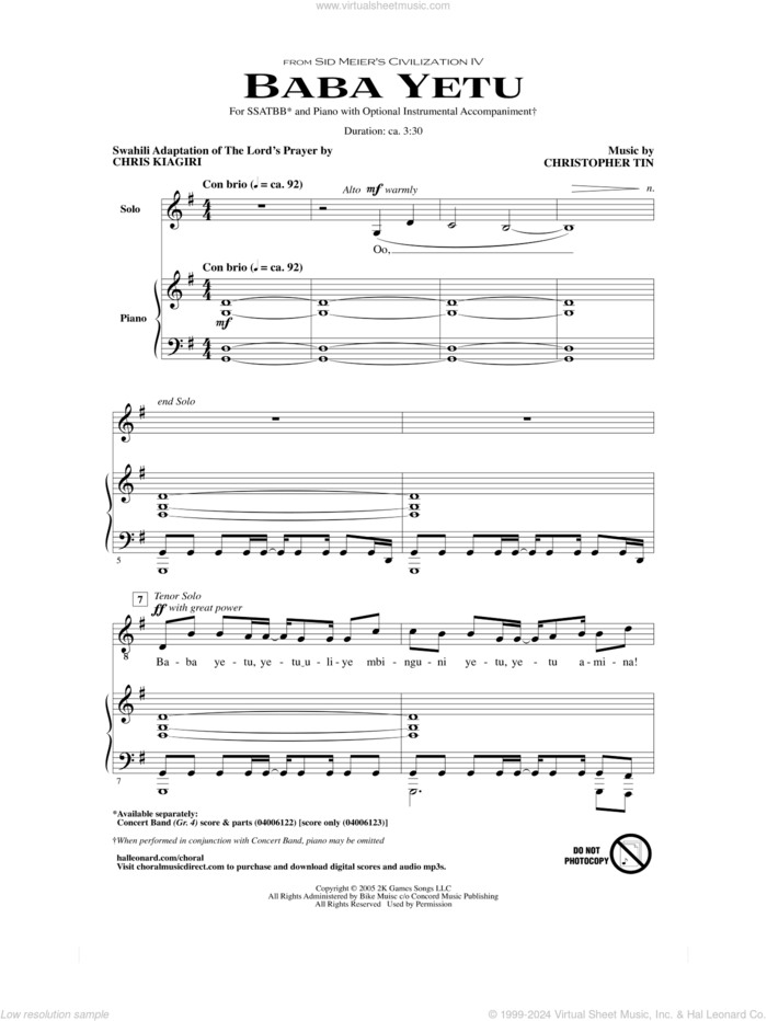 Baba Yetu (from Civilization IV) sheet music for choir (SSATBB) by Soweto Gospel Choir and Christopher Tin, intermediate skill level