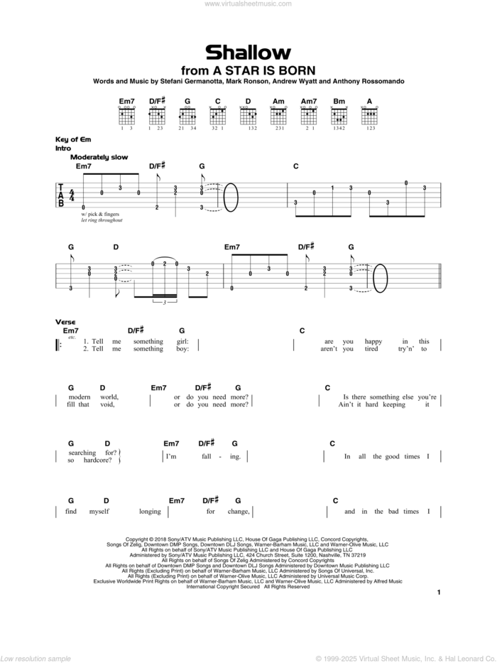 Shallow (from A Star Is Born), (beginner) sheet music for guitar solo by Lady Gaga & Bradley Cooper, Andrew Wyatt, Anthony Rossomando, Lady Gaga and Mark Ronson, beginner skill level